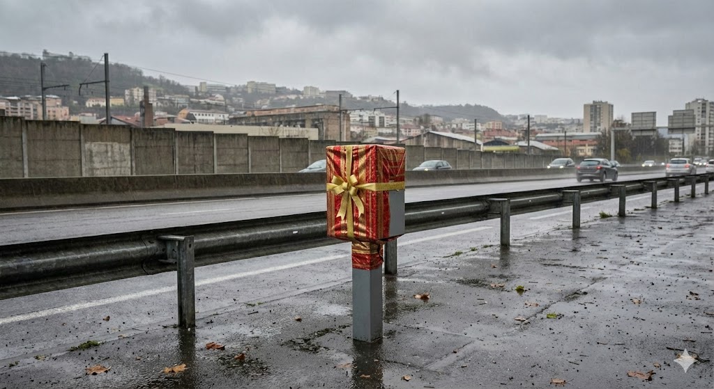 radar terrenoire papier cadeau, radar rn88 saint-étienne, radar emballé noël, insolite loire, radar fixe masqué, vandalisme radar saint-étienne, circulation rn88, radar paquet cadeau, gendarmerie loire, sécurité routière 42.