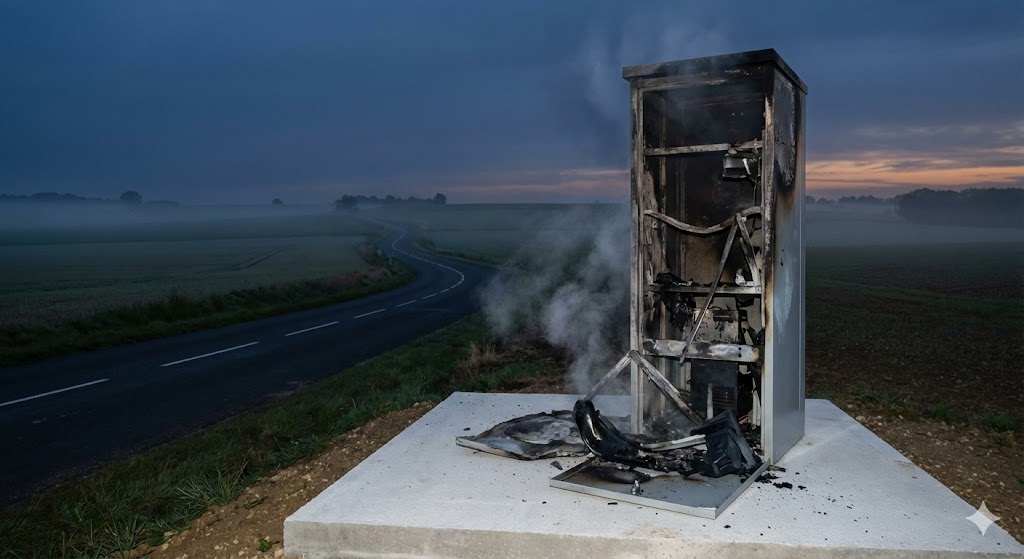 radar brûlé deux-sèvres, radar incendié nuit installation, vandalisme radar 79, radar tourelle feu, gendarmerie deux-sèvres enquête, fait divers niort bressuire, sécurité routière 79, destruction bien public, radar autonome calciné, carcasse radar route.