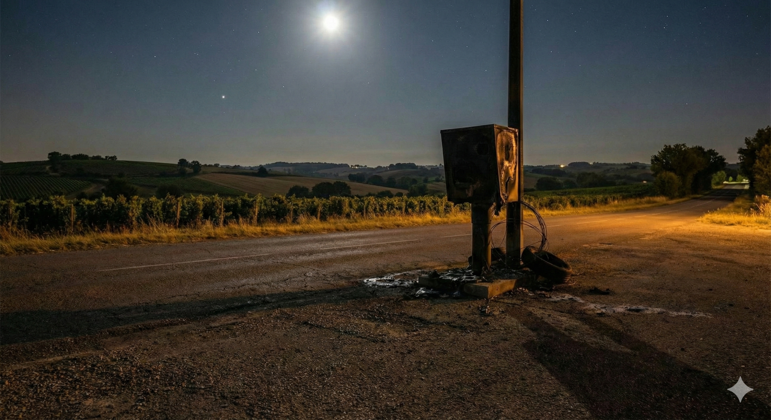radar vic-fezensac incendié, radar gers brûlé, série vandalisme radar gers, radar sainte-christie-d'armagnac feu, gendarmerie gers enquête, carcasse radar calciné, sécurité routière gers, destruction bien public incendie, N124 gers radar, D924 vic-fezensac.