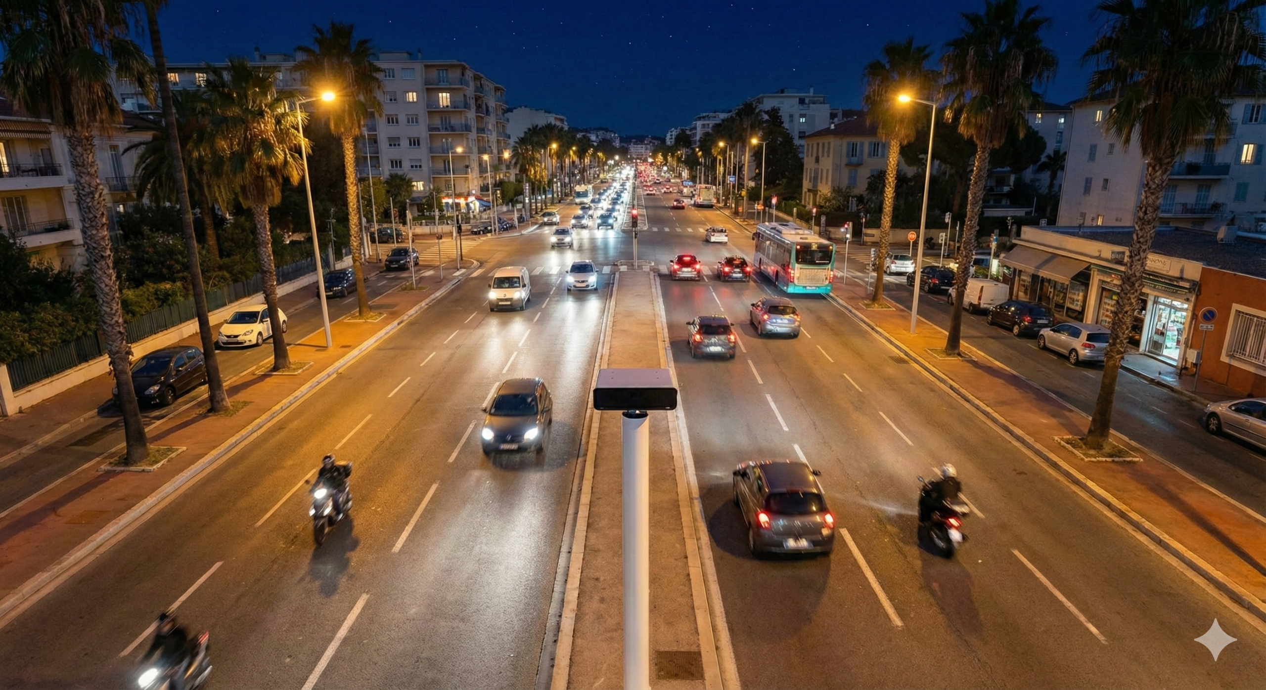 Hyper-realistic photo, journalistic style, wide shot on a large multi-lane avenue in Nice (France) under a bright sunny sky with palm trees on the side. In the foreground, a tall "Turret" radar (Mesta Fusion, tall white mast with a black flat head) towering over the traffic. The radar is positioning to monitor multiple lanes. Cars and scooters are driving on the asphalt. High detail, 8k resolution, realistic urban lighting, no text, no writing.