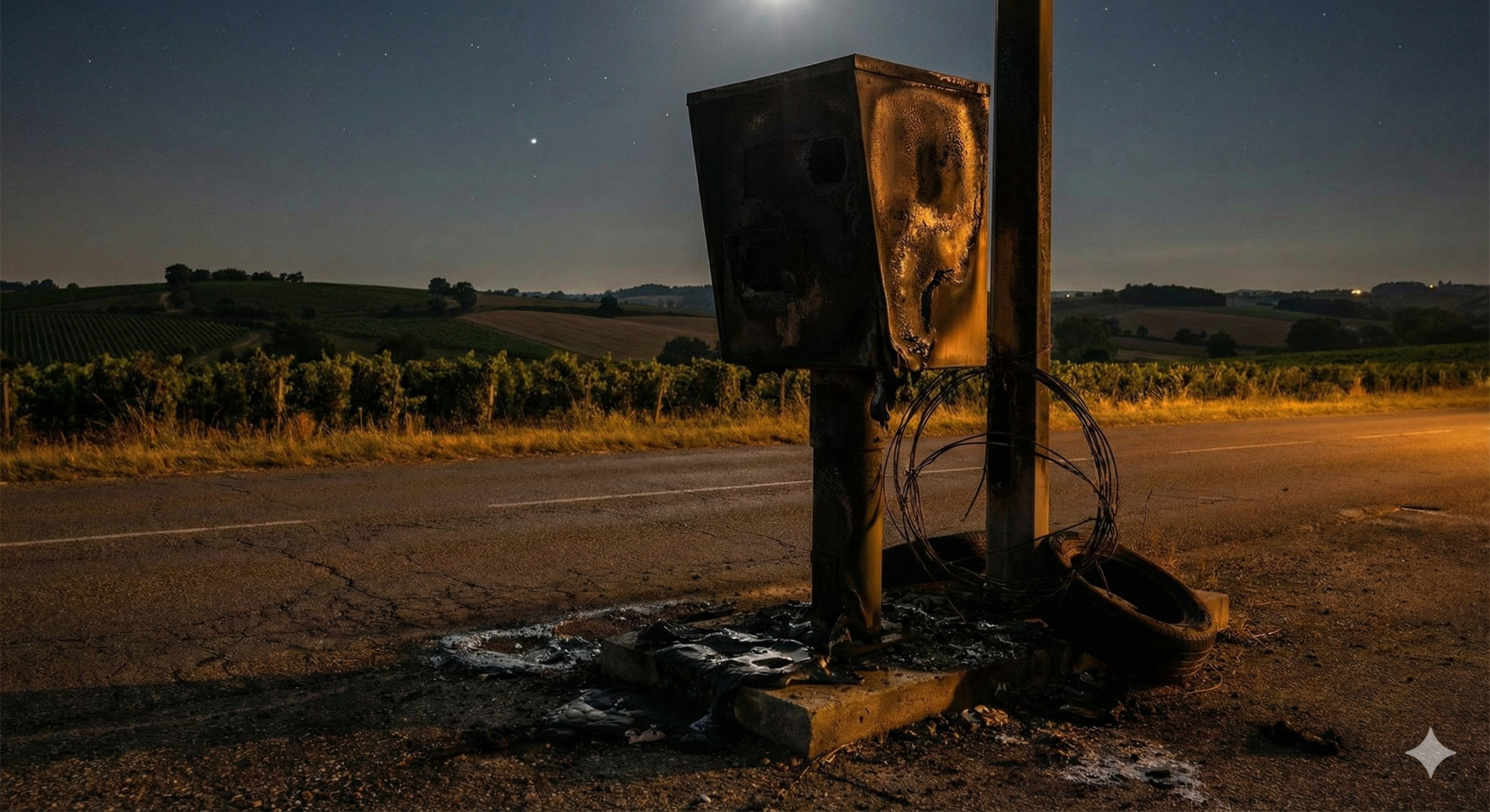 radar vic-fezensac incendié, radar gers brûlé, série vandalisme radar gers, radar sainte-christie-d'armagnac feu, gendarmerie gers enquête, carcasse radar calciné, sécurité routière gers, destruction bien public incendie, N124 gers radar, D924 vic-fezensac.