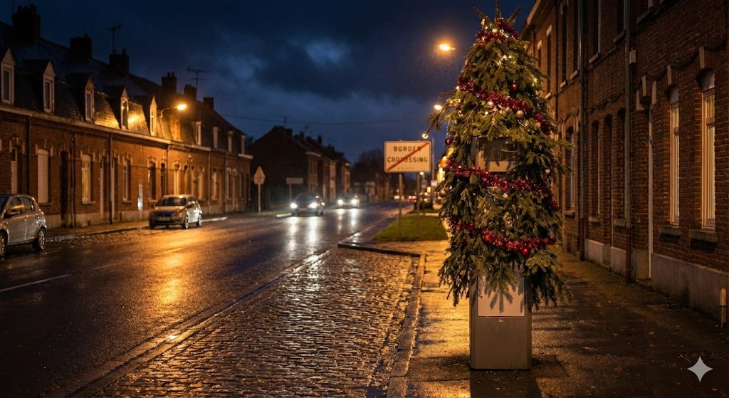 radar halluin rue de la lys, radar transformé en sapin, insolite halluin noël, radar d63 frontière belge, photo radar sapin nord, buzz radar décoré, vandalisme drôle radar, radar masqué guirlandes, contrôle vitesse rue de la lys, police halluin constat.