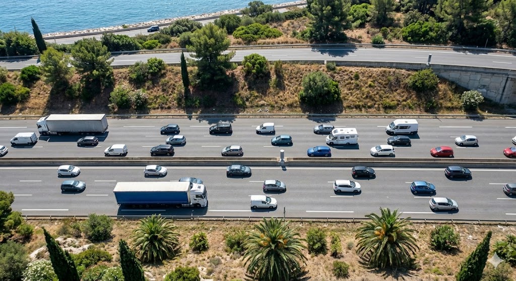Hyper-realistic photo, journalistic style, shot on the A8 highway near Cagnes-sur-Mer (French Riviera). In the foreground, a modern "Radar Double Face" (tall grey cylinder with two openings) stands on the safety barrier. The background features heavy traffic on 4 lanes going towards Cannes, with palm trees and Mediterranean vegetation on the slopes. Bright sunny day. High detail on the radar, no text.