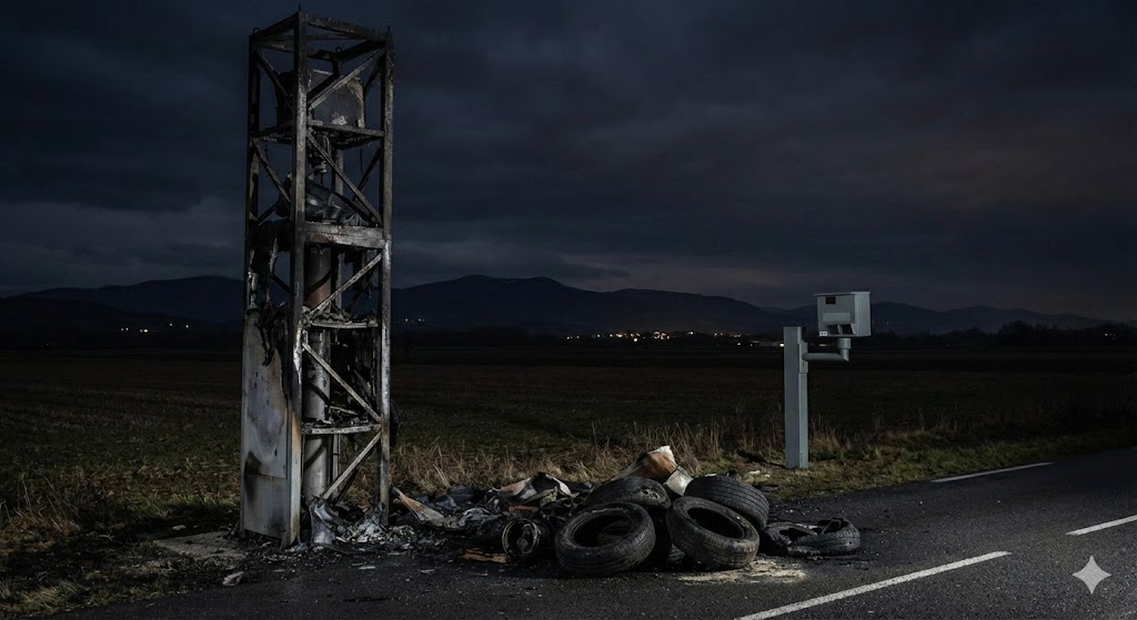 champdieu radar automatique incendié, radar d8 loire, vandalisme radar montbrison, radar brûlé plaine du forez, gendarmerie loire enquête, remplacement radar fixe champdieu, sécurité routière 42, radar tourelle calciné.