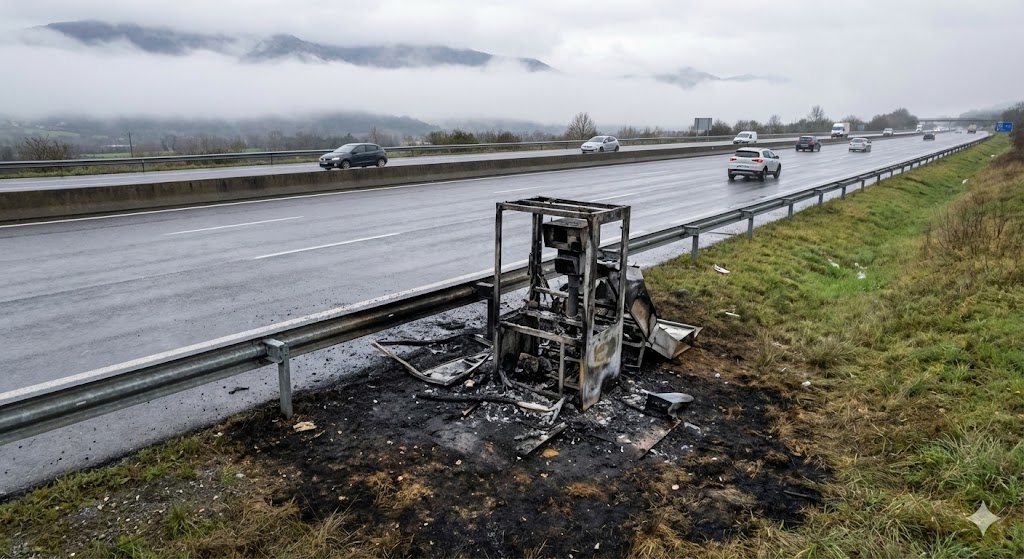 Capvern-les-Bains, radar incendié a64, radar capvern brûlé, vandalisme autoroute a64, radar hautes-pyrénées feu, gendarmerie autoroute enquête, carcasse radar vitesse, destruction bien public, sécurité routière 65, radar lannemezan tarbes, feu radar fixe.
