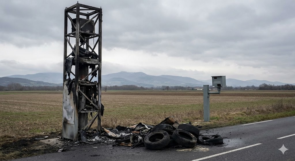 champdieu radar automatique incendié, radar d8 loire, vandalisme radar montbrison, radar brûlé plaine du forez, gendarmerie loire enquête, remplacement radar fixe champdieu, sécurité routière 42, radar tourelle calciné.