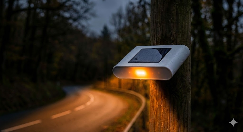 radar avertisseur minimaliste, radar préventif test, sécurité routière innovation, radar sans amende, capteur danger route, dispositif alerte conducteur, radar solaire compact, signalisation intelligente, prévention accident virage.