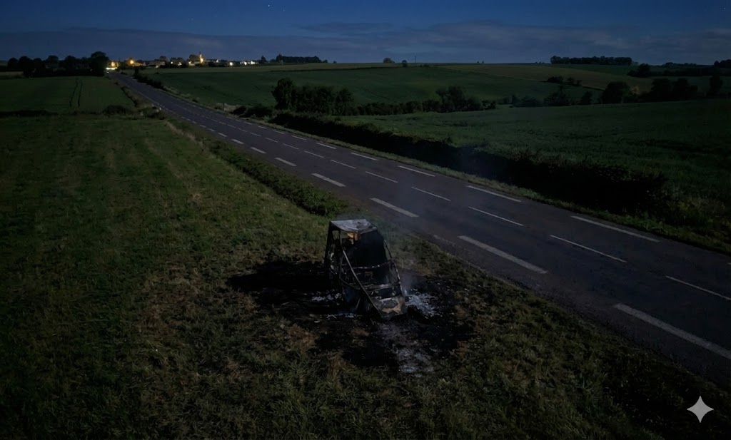radar incendié samatan, vandalisme radar gers, radar autonome brûlé d632, sécurité routière gers, gendarmerie lombez enquête, feu radar mobile 32, destruction bien public, carcasse radar chantier, excès vitesse gers.