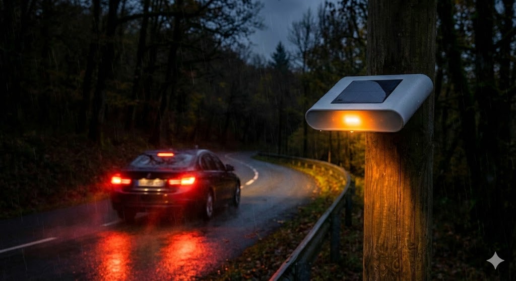 radar avertisseur minimaliste, radar préventif test, sécurité routière innovation, radar sans amende, capteur danger route, dispositif alerte conducteur, radar solaire compact, signalisation intelligente, prévention accident virage.