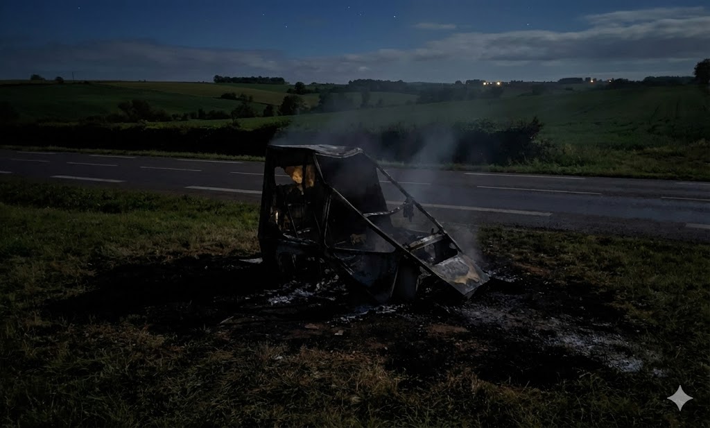 radar incendié samatan, vandalisme radar gers, radar autonome brûlé d632, sécurité routière gers, gendarmerie lombez enquête, feu radar mobile 32, destruction bien public, carcasse radar chantier, excès vitesse gers.