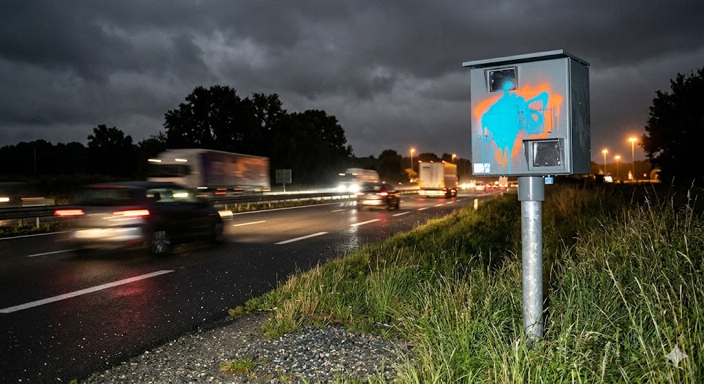 radar neutralisé peinture Vannes, vandalisme radar route nationale 165, Morbihan radar automatique hors service, dégradation bien public Bretagne, cabine radar recouverte de peinture, amende destruction équipement public, sécurité routière Pays de Vannes, excès de vitesse RN 165, gendarmerie enquête vandalisme route, peine prison destruction radar, radar fixe aveuglé peinture, manifestation colère automobilistes radar, infraction code de la route, remplacement cabine radar automatique, contrôle vitesse route nationale, prévention routière Morbihan, radar autonome neutralisé, sécurité circulation automobilistes bretons, action coup de poing radar, sanction pénale dégradation état.