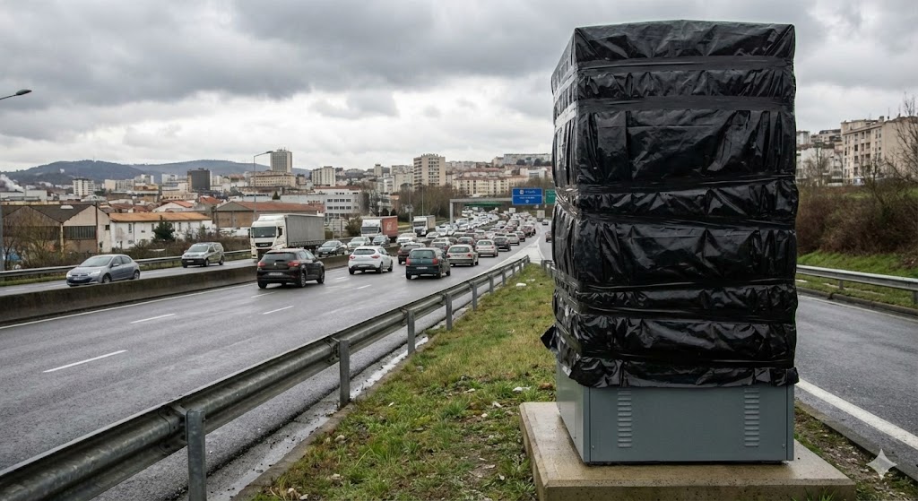 Saint-Étienne, radar fixe emballé, bâche agricole noire, RN88, autoroute A72, bifurcation La Terrasse, radar discriminant, excès de vitesse, contestation sociale, agriculteurs en colère, flash neutralisé, amende annulée, contrôle mobile police, sécurité routière Loire, préfecture 42, direction interdépartementale des routes, vandalisme léger, entrave à la circulation, limitation 90 km/h, périphérique stéphanois.
