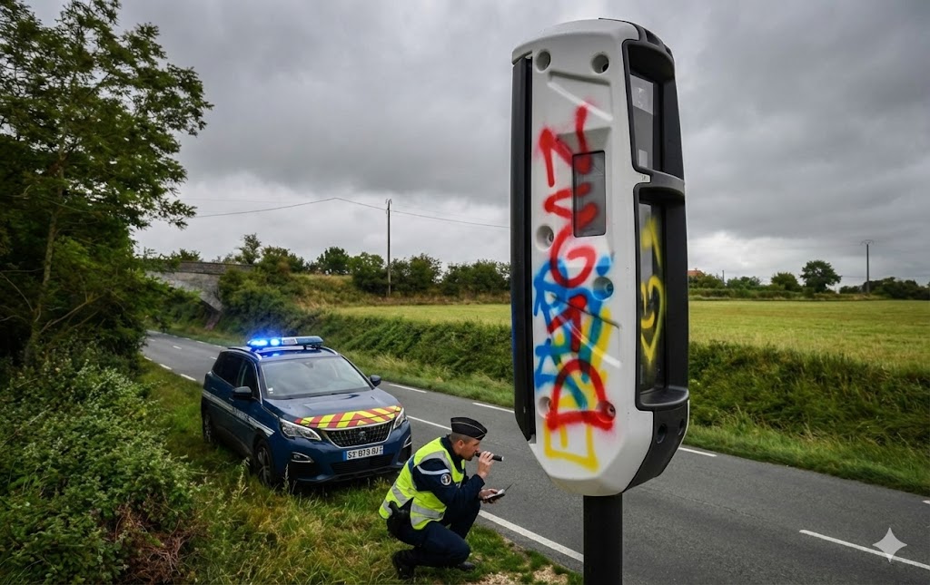 radar tourelle vandalisé avec peinture jaune, cabine radar incendiée Haute-Garonne, gendarmerie enquête dégradation bien public, route nationale 20 Toulouse, amende destruction radar 75000 euros, sécurité routière Occitanie.