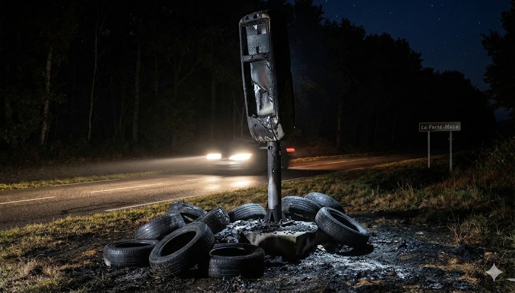 Orne radar tourelle incendié autour de La Ferté-Macé coût remplacement, destruction bien public incendie D18, gendarmerie La Ferté-Macé enquête, radar tourelle La Sauvagère, vandalisme sécurité routière 61.