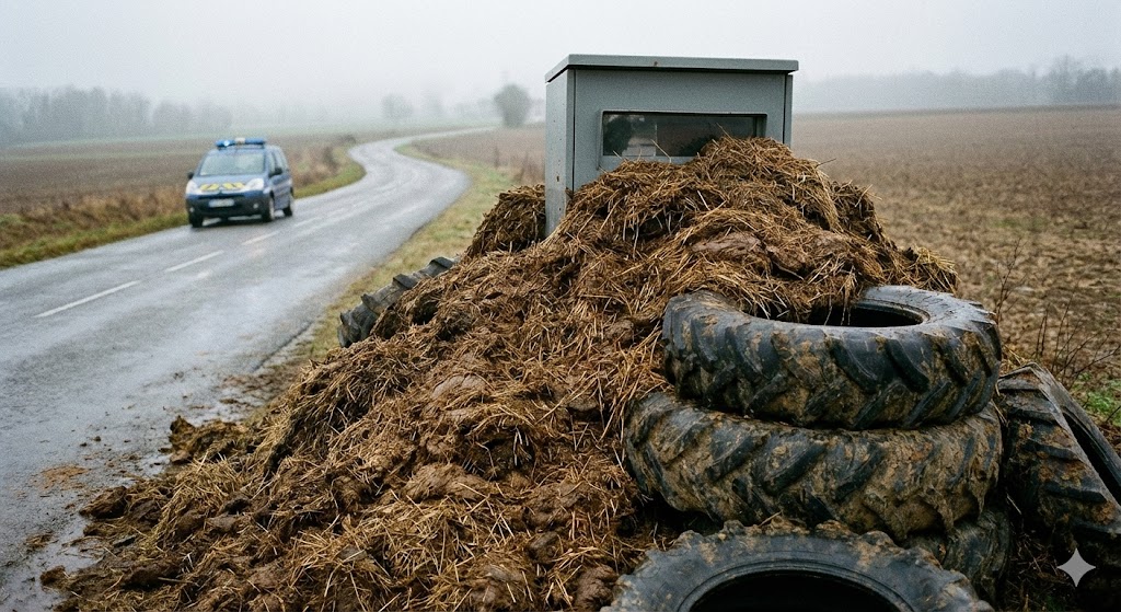 radar vandalisé Le Breuil Rhône, fumier pneus sur radar automatique, colère agriculteurs protestation route, dégradation bien public amende, destruction cabine radar vitesse, sécurité routière préfecture Rhône, manifestation agricole route départementale, radar recouvert bâche agricole, cabine radar hors service, amende dégradation équipement public, radar autonome aveuglé vandalisme, manifestation tracteurs fumier route, excès de vitesse tolérance zéro, remplacement radar dégradé, gendarmerie enquête vandalisme radar, peine prison destruction radar, infraction code de la route, sécurité circulation automobilistes Rhône, radar tourelle vandalisé pneus, action coup de poing agricole.