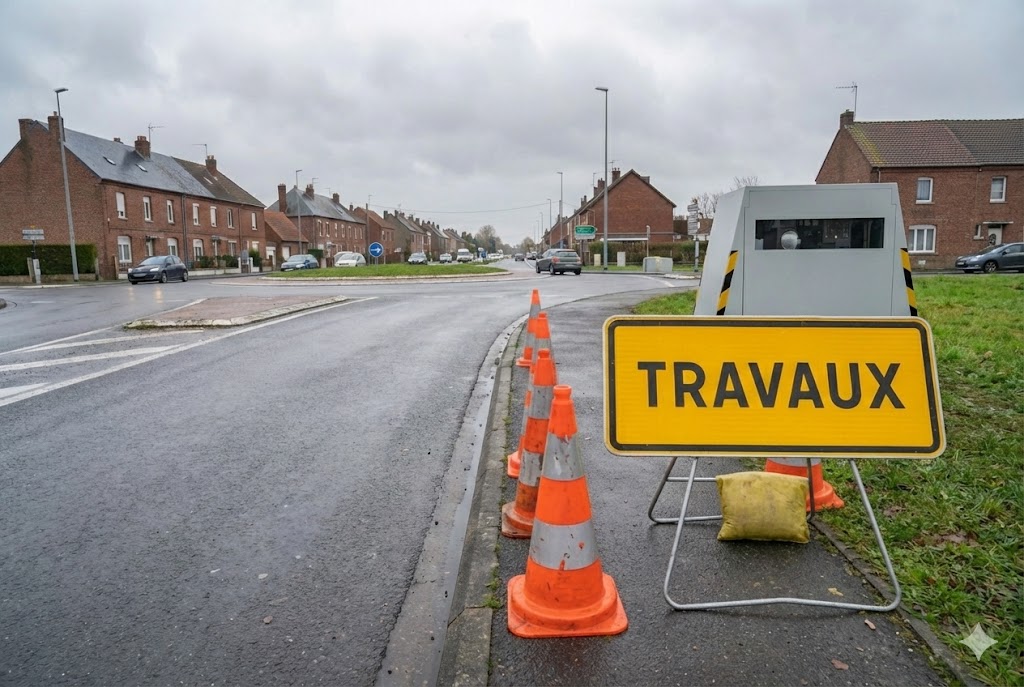 Friville-Escarbotin radar mobile travaux circulation alternée D925 Abbeville Eu, radar autonome chantier, limitation vitesse 50 km/h, info trafic Vimeu, contrôle routier Somme.