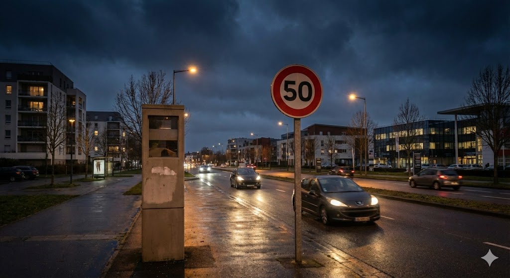radar fixe sur le boulevard Charles-de-Gaulle à Saint-Herblain, panneau limitation vitesse 50 km/h, pétition en ligne colère des automobilistes, flash crépitement Nantes Métropole, contestation amende excès vitesse, sécurité routière ou pompe à fric, boulevard urbain 2x2 voies.