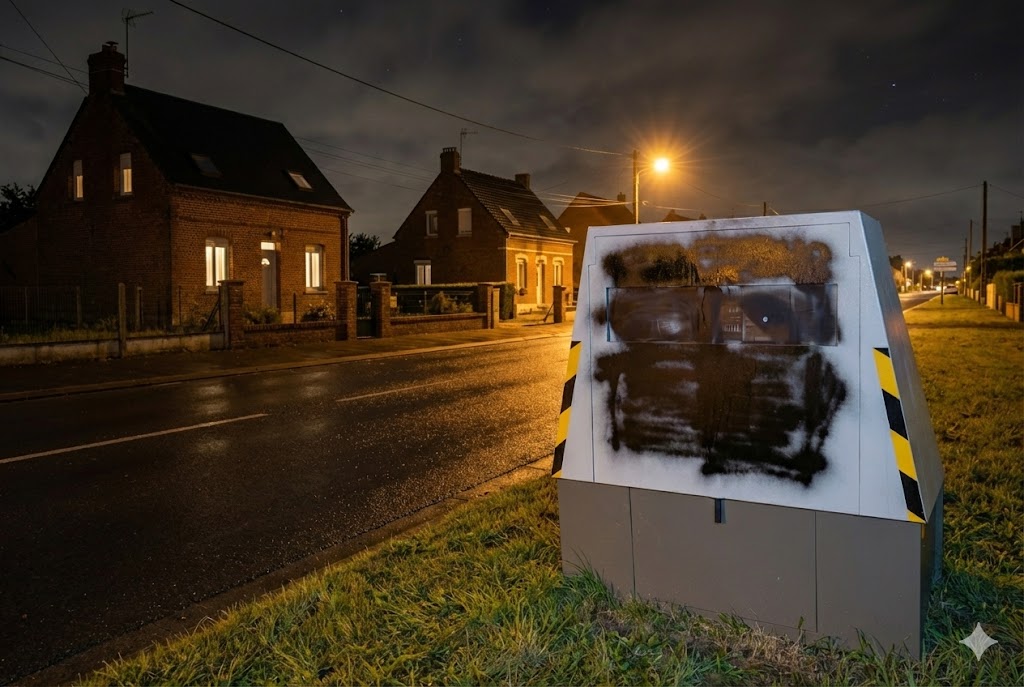 radar autonome vandalisé sur la route départementale D1032 entre Condren et Tergnier, cabine blanche recouverte de peinture en bombe, acte de dégradation volontaire dans l'Aisne, limitation de vitesse 80 km/h, contrôle routier gendarmerie nationale, sécurité routière Hauts-de-France, radar de chantier déplacé.