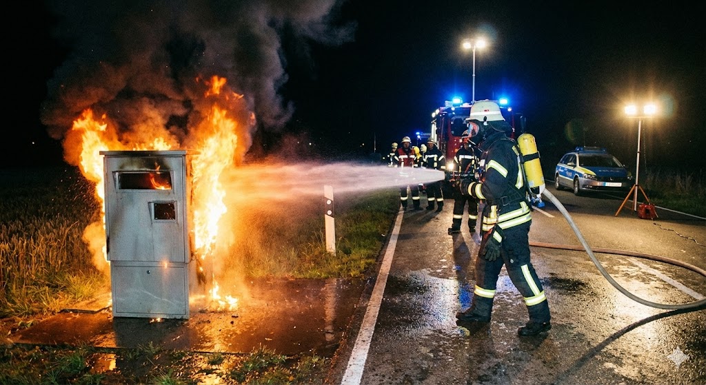 radar incendié Peyrens, destruction radar Aude, feu radar automatique, vandalisme routier RD624, gendarmerie Castelnaudary, carcasse radar brûlée, sécurité routière Occitanie, remplacement radar tourelle, délit destruction bien public, amende incendie volontaire, route départementale 624, trafic Castelnaudary Revel, pompier intervention feu, radar vitesse détruit, enquête gendarmerie Aude, peinture tag radar, radar mobile remplacement, coût destruction radar, tribunal correctionnel, peine prison vandale.