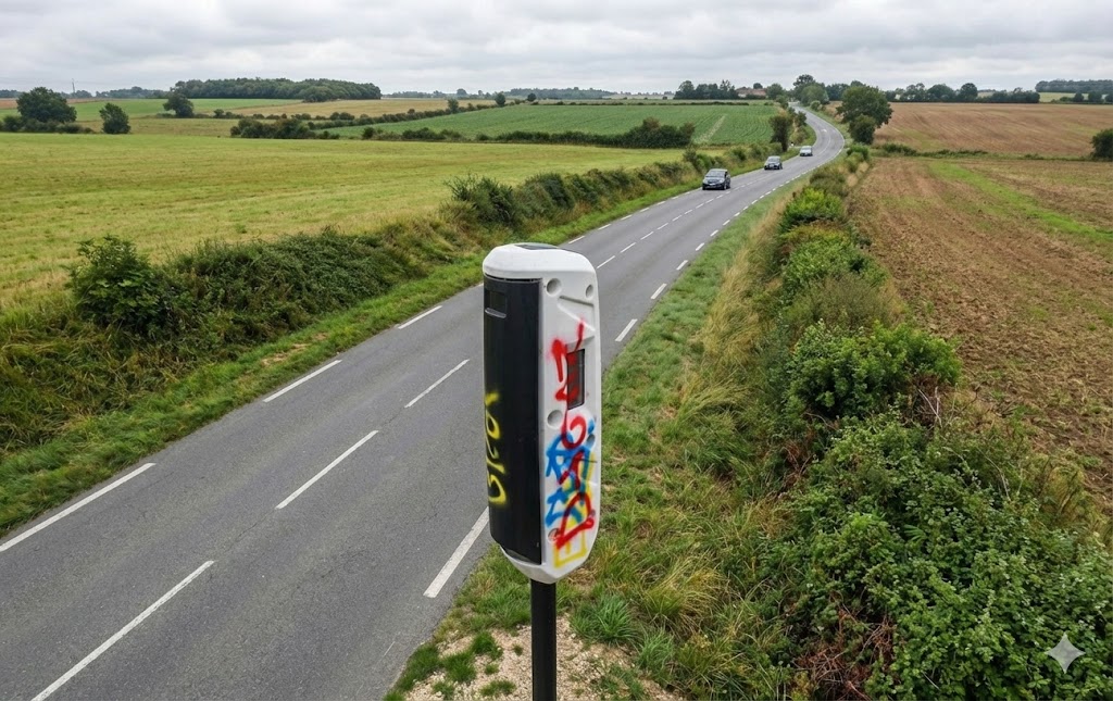 radar tourelle vandalisé avec peinture jaune, cabine radar incendiée Haute-Garonne, gendarmerie enquête dégradation bien public, route nationale 20 Toulouse, amende destruction radar 75000 euros, sécurité routière Occitanie.