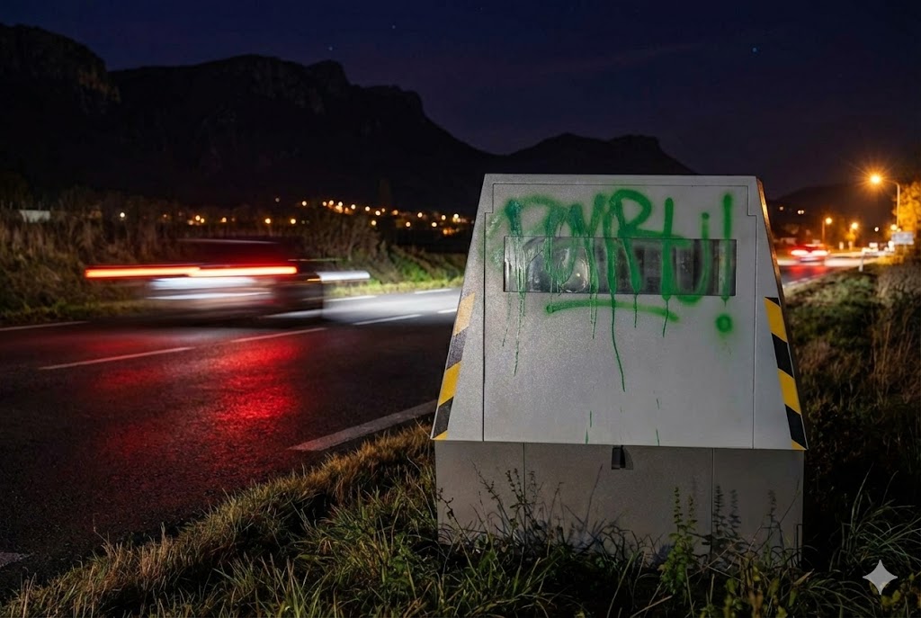 radar de chantier Virignin RD 1504, cabine autonome taguée peinture verte, contrôle vitesse Belley Yenne, vandalisme radar Ain, limitation 80 km/h, gendarmerie nationale, sécurité routière Bugey.