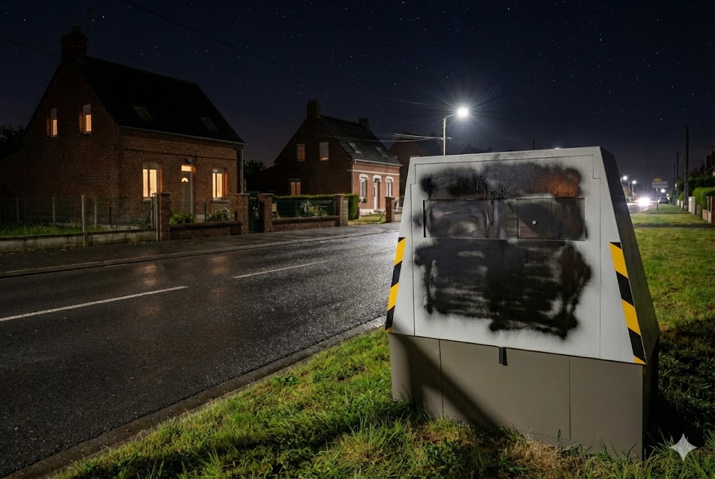 radar autonome vandalisé sur la route départementale D1032 entre Condren et Tergnier, cabine blanche recouverte de peinture en bombe, acte de dégradation volontaire dans l'Aisne, limitation de vitesse 80 km/h, contrôle routier gendarmerie nationale, sécurité routière Hauts-de-France, radar de chantier déplacé.