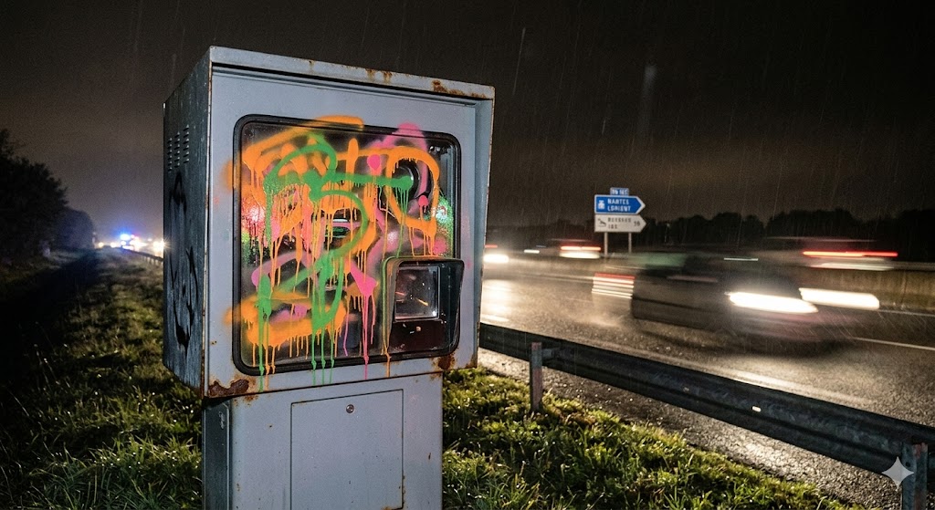 radar neutralisé peinture Vannes, vandalisme radar route nationale 165, Morbihan radar automatique hors service, dégradation bien public Bretagne, cabine radar recouverte de peinture, amende destruction équipement public, sécurité routière Pays de Vannes, excès de vitesse RN 165, gendarmerie enquête vandalisme route, peine prison destruction radar, radar fixe aveuglé peinture, manifestation colère automobilistes radar, infraction code de la route, remplacement cabine radar automatique, contrôle vitesse route nationale, prévention routière Morbihan, radar autonome neutralisé, sécurité circulation automobilistes bretons, action coup de poing radar, sanction pénale dégradation état.