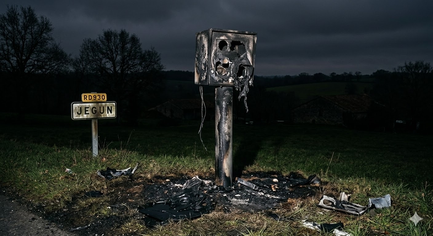 radar incendié Jegun RD930, vandalisme radar automatique Gers, feu équipement sécurité routière, destruction bien public route, pompier intervention cabine calcinée, gendarmerie enquête vandalisme radar, amende destruction équipement routier, peine prison incendie volontaire, remplacement radar automatique brûlé, colère automobilistes radar vitesse, infraction destruction par le feu, radar calciné route départementale, dégradation mobilier urbain état, sanction pénale incendie équipement, violence contre radar tourelle, coût radar incendié impôts, sécurité conducteurs axe gersois, gendarmerie nationale enquête feu, délit pénal tribunal correctionnel, remplacement radar autonome chantier.
