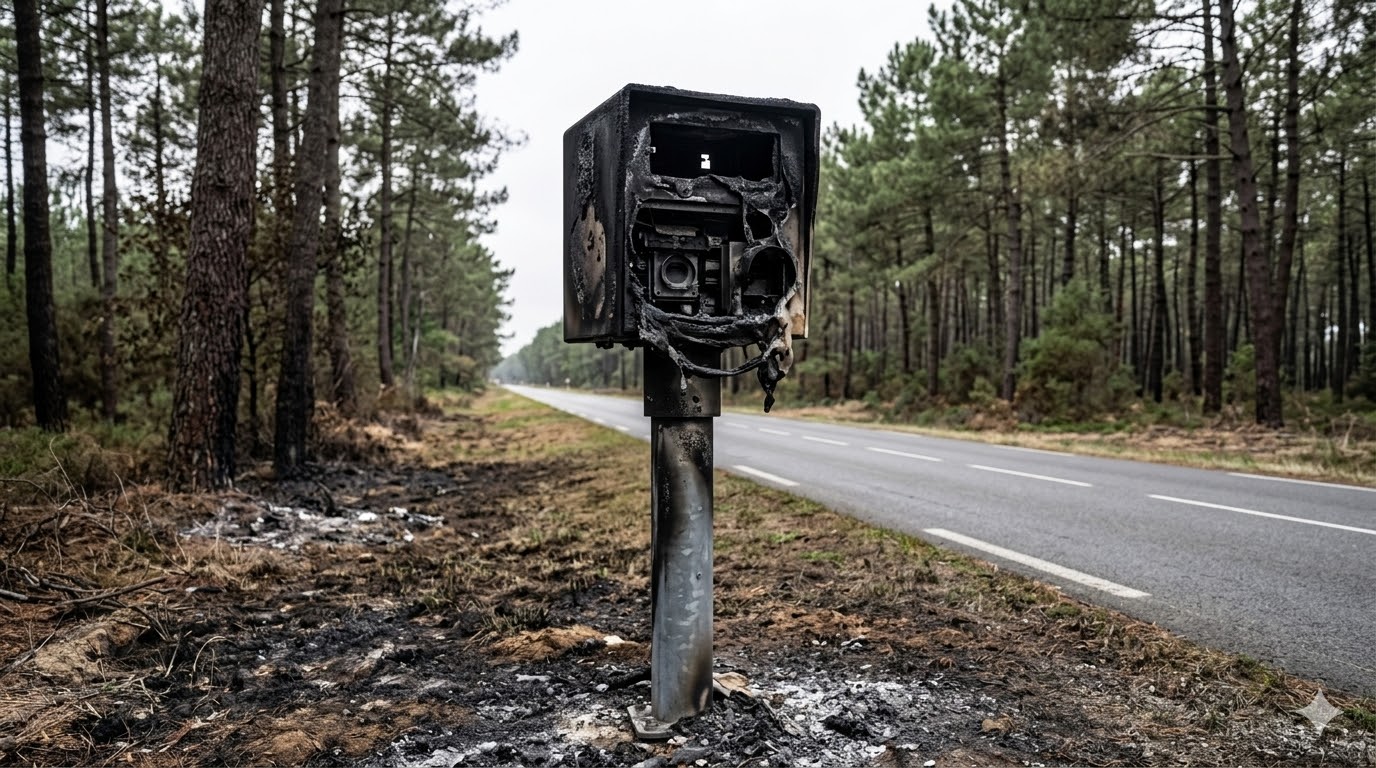 radar incendié Mimizan nuit mars, vandalisme radar automatique Landes, feu équipement sécurité routière, destruction bien public état, gendarmerie enquête incendie volontaire, radar calciné forêt landaise, amende destruction équipement routier, peine prison incendie criminel, remplacement radar brûlé Mimizan, sécurité routière département 40, infraction destruction par le feu, dégradation mobilier urbain, gendarmerie nationale relevé indices, coût remplacement cabine impôts, protection axe routier forestier, colère automobilistes radar vitesse, délit pénal tribunal correctionnel, traces ADN enquête radar, signalement dégradation bien public, carcasse fondue radar automatique.