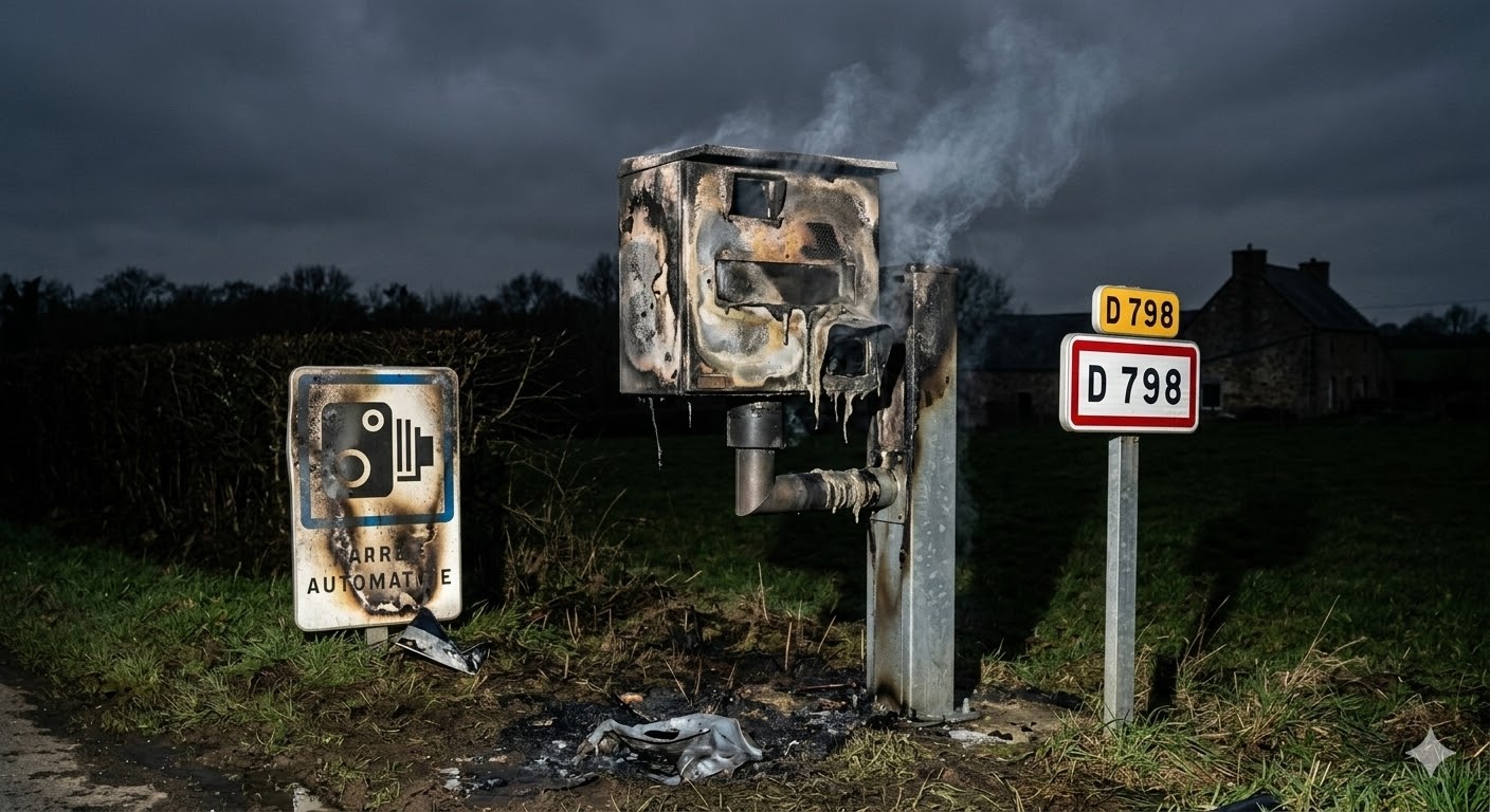 Luitré-Dompierre, radar incendié Luitré Dompierre, vandalisme radar RD 798, feu radar automatique Ille-et-Vilaine, destruction bien public route, pompier intervention feu cabine, gendarmerie enquête vandalisme radar, sécurité routière département 35, amende destruction équipement routier, peine prison incendie volontaire, remplacement radar automatique brûlé, colère automobilistes radar vitesse, infraction destruction par le feu, radar calciné route départementale, dégradation mobilier urbain état, sanction pénale incendie équipement, violence contre radar tourelle, équipement contrôle vitesse détruit, coût radar incendié impôts, sécurité conducteurs axe breton, gendarmerie nationale enquête feu.