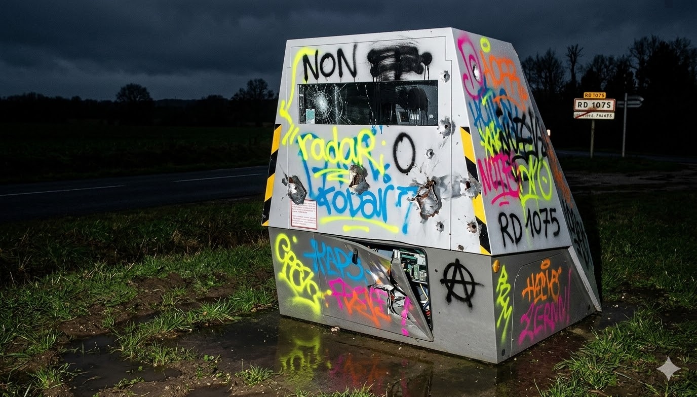 radar de chantier vandalisé Ain, radar autonome RD 1075 Druillat, équipement routier endommagé gendarmerie, destruction bien public route, sécurité routière département de l'Ain, radar mobile tagué cassé, protection zone de travaux routiers, amende excès de vitesse, sanction pénale dégradation radar, remplacement cabine radar autonome, prévention routière sécurité ouvriers, contrôle vitesse route départementale, vandalisme matériel état français, coût radar autonome impôts, gendarmerie nationale enquête vandalisme, peine prison destruction bien, infraction code de la route, colère automobiliste amende vitesse, flash radar chantier vandalisé, sécurité conducteurs travaux routiers.