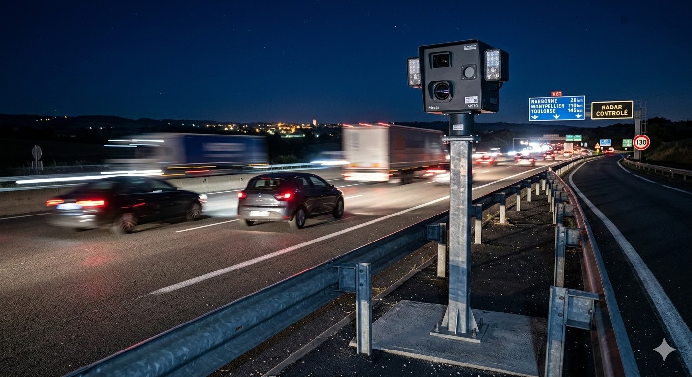 nouveau radar autoroute A61, radar vitesse Toulouse Narbonne, contrôle routier Aude autoroute, amende excès vitesse A61, radar autonome chantier A61, sécurité routière autoroute sud, flash radar automatique Aude, limitation vitesse 130 kmh, gendarmerie peloton autoroutier A61, contravention vitesse autoroute, prévention routière Vinci autoroutes, perte points permis conduire, équipement contrôle vitesse Aude, trafic autoroute des deux mers, ralentir zone de danger, radar tourelle autoroute française, amende forfaitaire excès vitesse, sécurité conducteurs A61, vigilance automobilistes Aude radar, contestation amende radar autoroute.