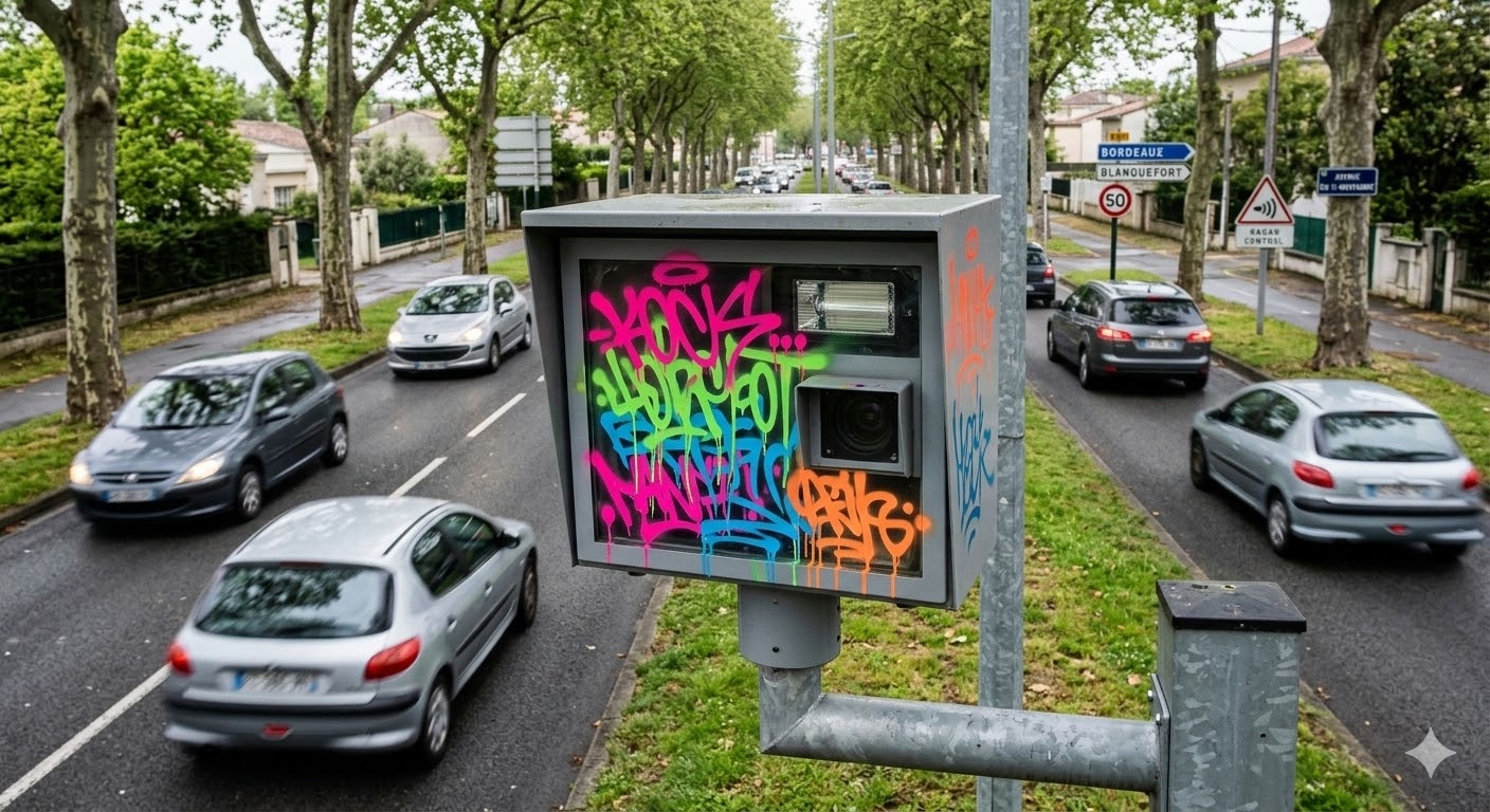 radar vandalisé tag Blanquefort, radar automatique avenue 11-novembre, dégradation radar peinture Gironde, radar aveuglé bombe peinture, sécurité routière agglomération bordelaise, sanction pénale vandalisme équipement, nettoyage vitre radar automatique, amende destruction bien public, gendarmerie enquête dégradation radar, prévention routière Blanquefort vitesse, excès de vitesse radar aveugle, réparation radar automatique tagué, condamnation tribunal correctionnel vandalisme, coût réparation radar état, infraction code route gironde, radar fixe hors service, protéger usagers route vitesse, sécurité conducteurs avenue Blanquefort, colère automobilistes amende radar, équipement contrôle routier vandalisé.