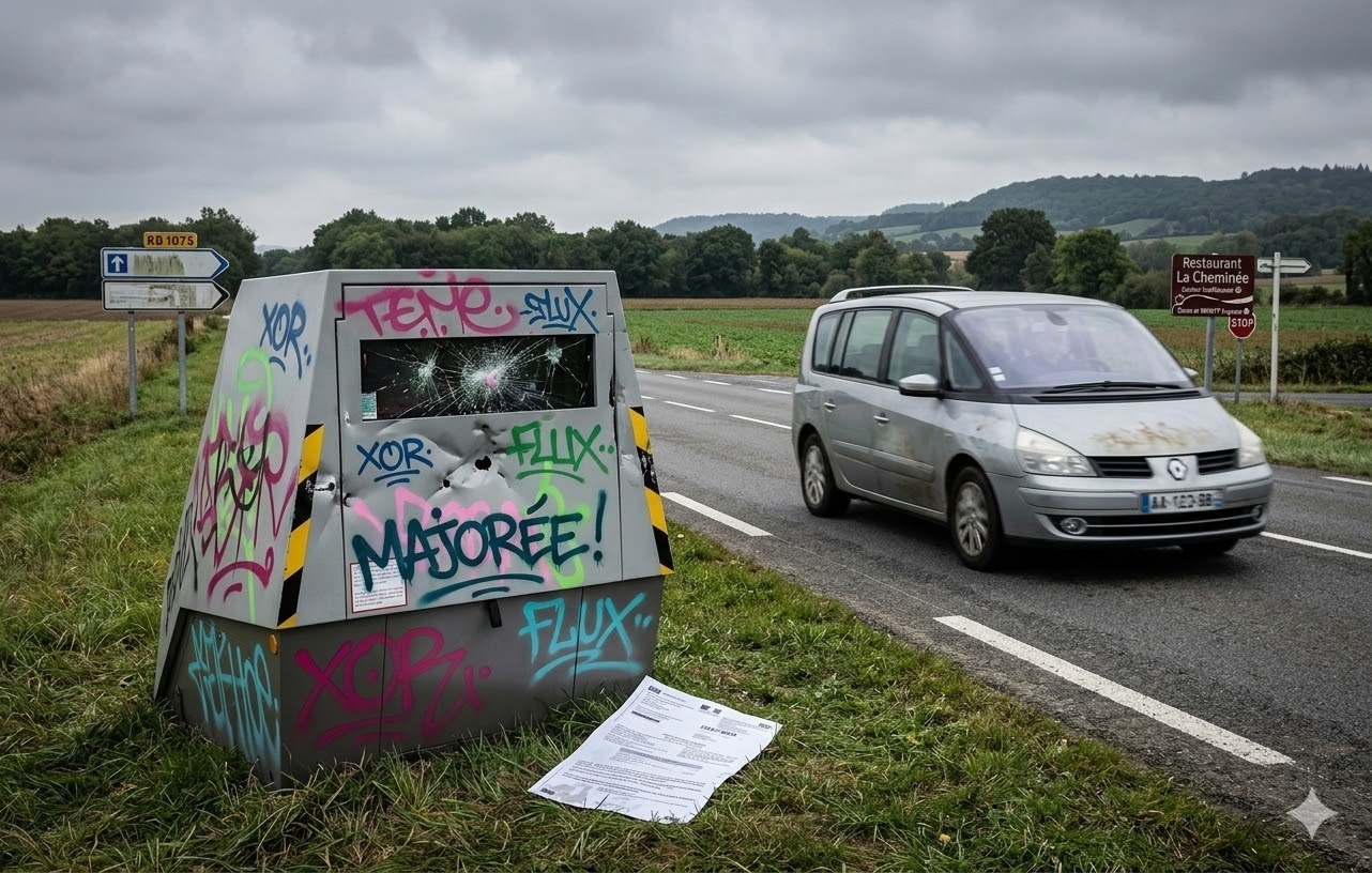 radar de chantier vandalisé Ain, radar autonome RD 1075 Druillat, équipement routier endommagé gendarmerie, destruction bien public route, sécurité routière département de l'Ain, radar mobile tagué cassé, protection zone de travaux routiers, amende excès de vitesse, sanction pénale dégradation radar, remplacement cabine radar autonome, prévention routière sécurité ouvriers, contrôle vitesse route départementale, vandalisme matériel état français, coût radar autonome impôts, gendarmerie nationale enquête vandalisme, peine prison destruction bien, infraction code de la route, colère automobiliste amende vitesse, flash radar chantier vandalisé, sécurité conducteurs travaux routiers.
