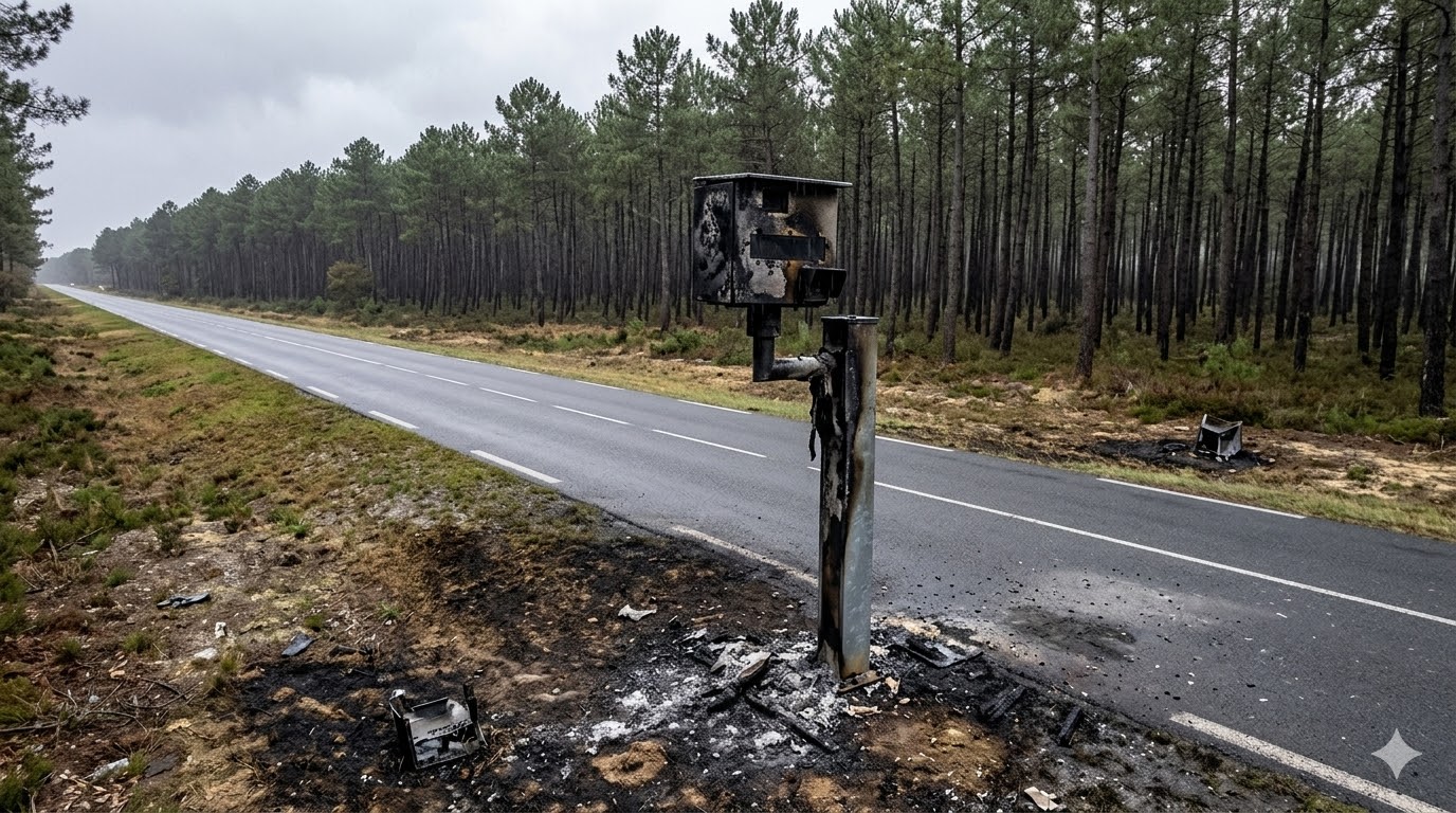 radar incendié Mimizan nuit mars, vandalisme radar automatique Landes, feu équipement sécurité routière, destruction bien public état, gendarmerie enquête incendie volontaire, radar calciné forêt landaise, amende destruction équipement routier, peine prison incendie criminel, remplacement radar brûlé Mimizan, sécurité routière département 40, infraction destruction par le feu, dégradation mobilier urbain, gendarmerie nationale relevé indices, coût remplacement cabine impôts, protection axe routier forestier, colère automobilistes radar vitesse, délit pénal tribunal correctionnel, traces ADN enquête radar, signalement dégradation bien public, carcasse fondue radar automatique.