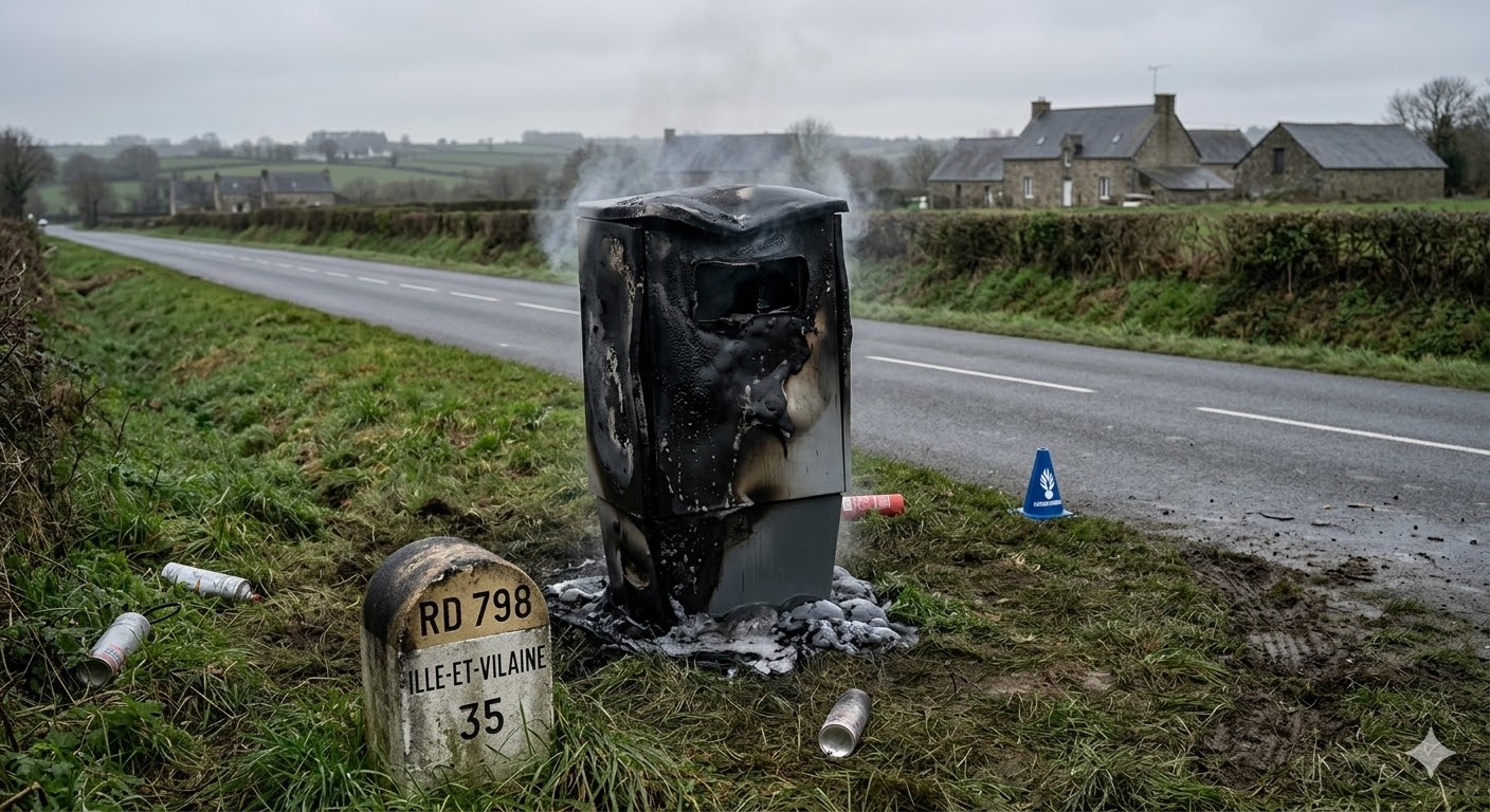Luitré-Dompierre, radar incendié Luitré Dompierre, vandalisme radar RD 798, feu radar automatique Ille-et-Vilaine, destruction bien public route, pompier intervention feu cabine, gendarmerie enquête vandalisme radar, sécurité routière département 35, amende destruction équipement routier, peine prison incendie volontaire, remplacement radar automatique brûlé, colère automobilistes radar vitesse, infraction destruction par le feu, radar calciné route départementale, dégradation mobilier urbain état, sanction pénale incendie équipement, violence contre radar tourelle, équipement contrôle vitesse détruit, coût radar incendié impôts, sécurité conducteurs axe breton, gendarmerie nationale enquête feu.