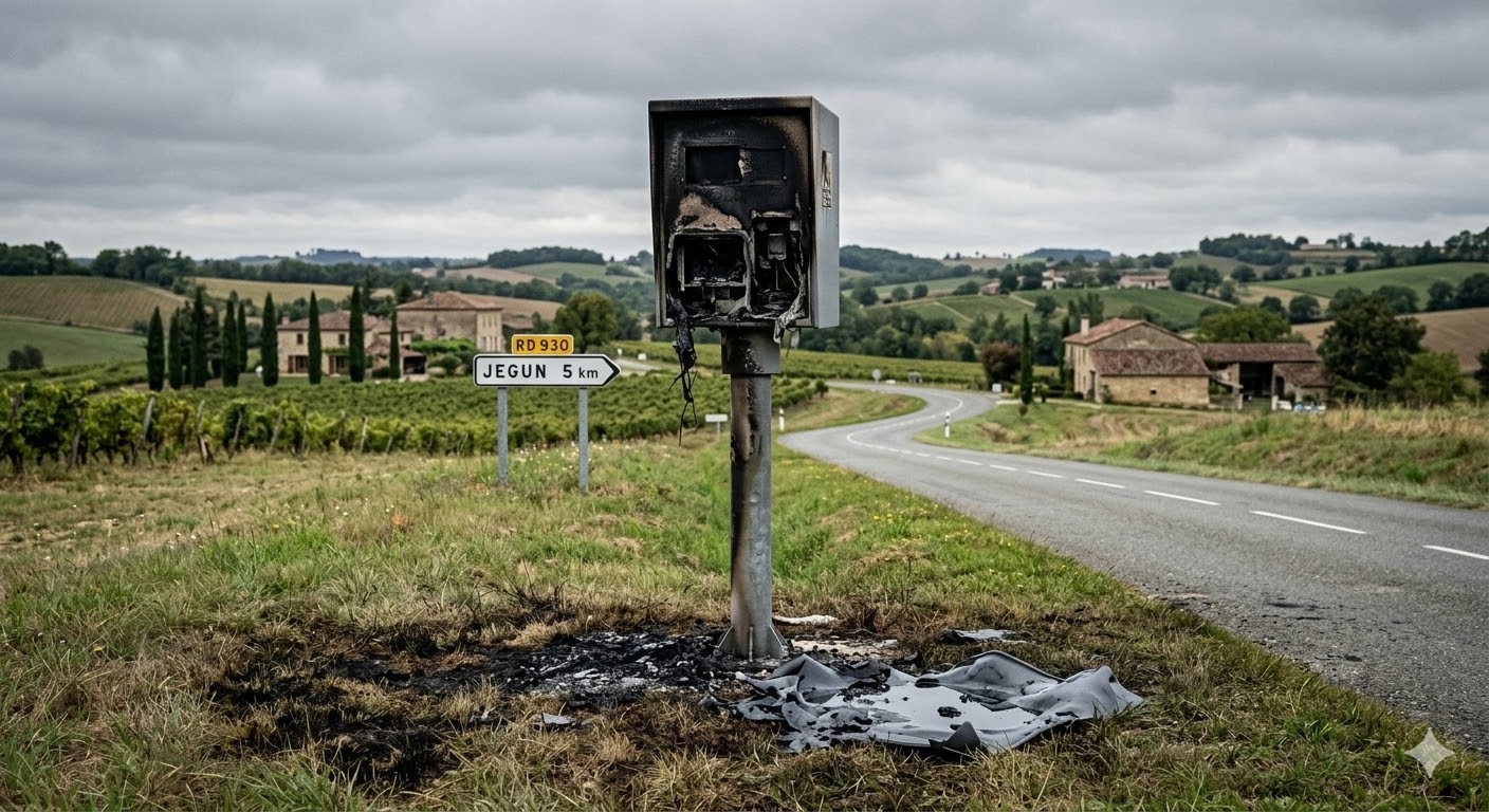 radar incendié Jegun RD930, vandalisme radar automatique Gers, feu équipement sécurité routière, destruction bien public route, pompier intervention cabine calcinée, gendarmerie enquête vandalisme radar, amende destruction équipement routier, peine prison incendie volontaire, remplacement radar automatique brûlé, colère automobilistes radar vitesse, infraction destruction par le feu, radar calciné route départementale, dégradation mobilier urbain état, sanction pénale incendie équipement, violence contre radar tourelle, coût radar incendié impôts, sécurité conducteurs axe gersois, gendarmerie nationale enquête feu, délit pénal tribunal correctionnel, remplacement radar autonome chantier.
