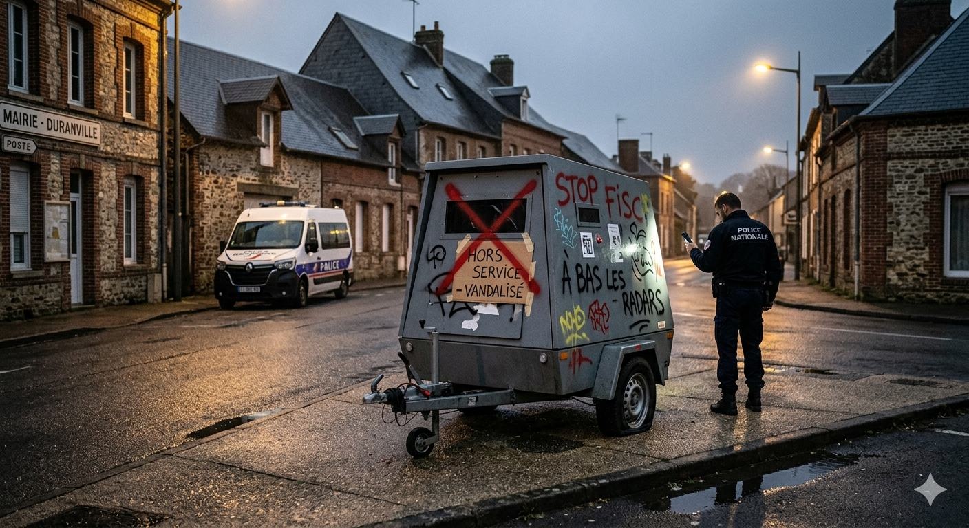 radar mobile vandalisé, Duranville Eure sécurité routière, radar autonome hors service, destruction bien public code pénal, gendarmerie enquête vandalisme radar, préfecture Eure accidentologie, excès de vitesse village amende, tribunal correctionnel peine prison, avocat droit routier infraction, remplacement équipement radar mobile, contrôle vitesse jumelles gendarmerie, voiture radar banalisée Eure, prévention routière agglomération, sécurité piétons centre village, contestation amende antai, dégradation matériel État, radar chantier vandalisme, sanction financière réparation, infraction routière Haute-Normandie, pacification trafic routier.
