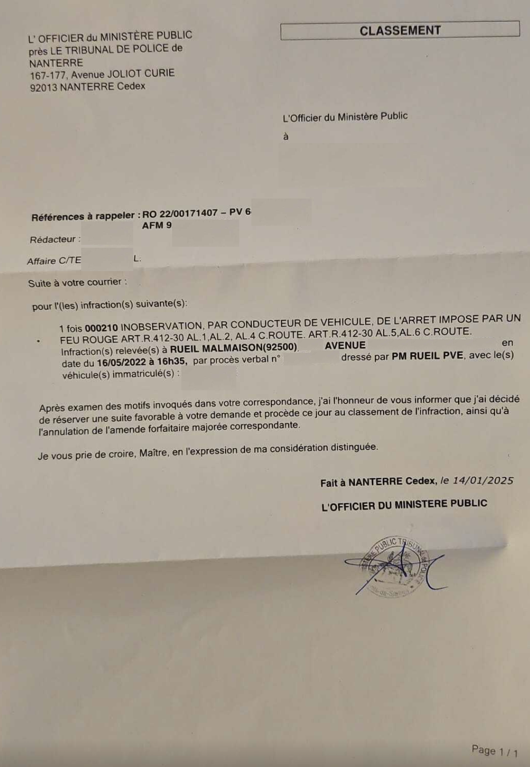 Courrier de classement de l'infraction