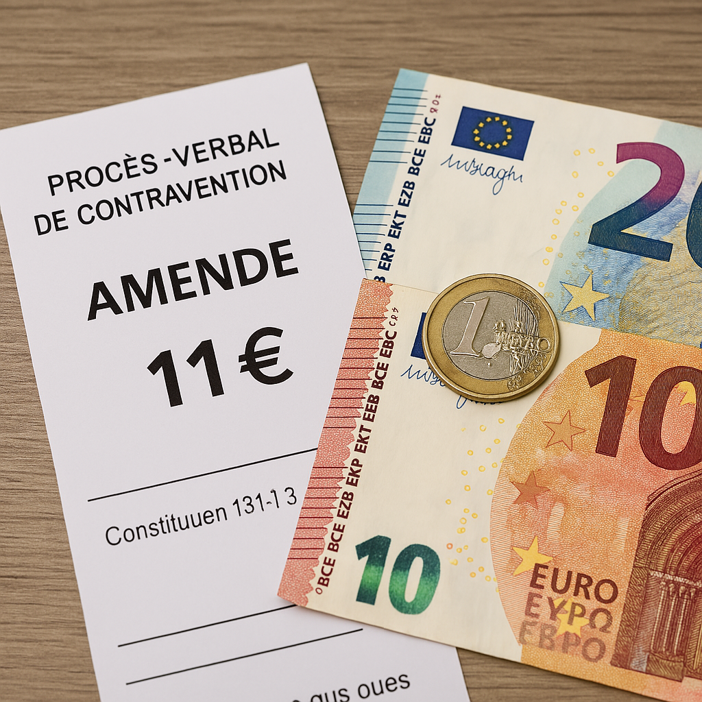 Le montant de l’amende forfaitaire pour une contravention de 1ʳᵉ classe est de 11 euros. C’est l’amende la plus basse du barème routier.