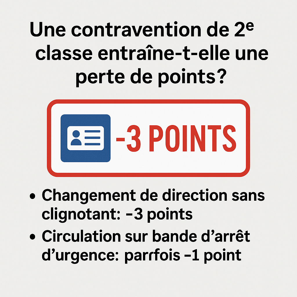 En principe, les contraventions de 2ᵉ classe n’entraînent pas de retrait de points. Toutefois, certaines infractions associées à cette classe peuvent, dans des cas spécifiques, occasionner un retrait d’1 à 3 points.