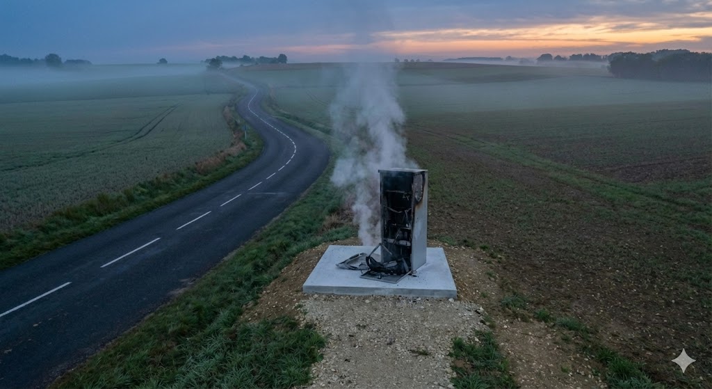 radar brûlé deux-sèvres, radar incendié nuit installation, vandalisme radar 79, radar tourelle feu, gendarmerie deux-sèvres enquête, fait divers niort bressuire, sécurité routière 79, destruction bien public, radar autonome calciné, carcasse radar route.