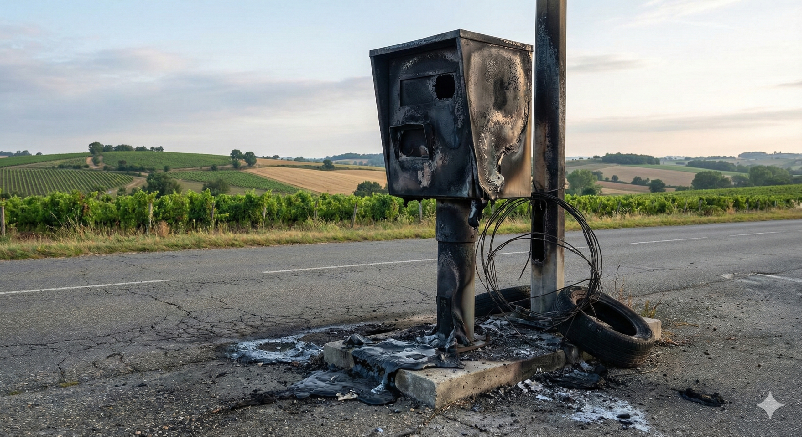 radar vic-fezensac incendié, radar gers brûlé, série vandalisme radar gers, radar sainte-christie-d'armagnac feu, gendarmerie gers enquête, carcasse radar calciné, sécurité routière gers, destruction bien public incendie, N124 gers radar, D924 vic-fezensac.