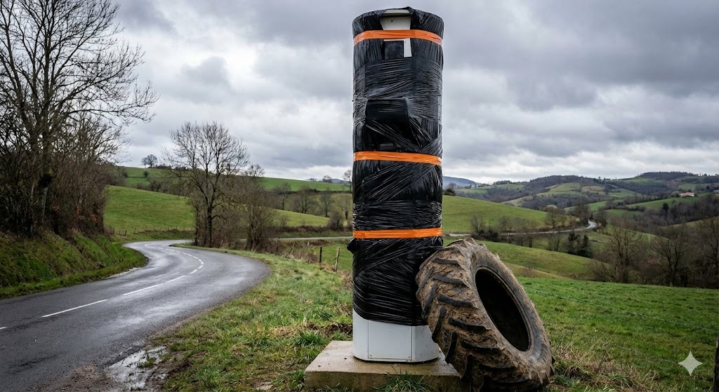 radar monts du lyonnais neutralisé, radar saint-martin-en-haut d311, agriculteurs colère radar bâché, radar d389 l'arbresle, manifestation fdsea 69, radar recouvert bâche plastique, contrôle vitesse lyonnais.
