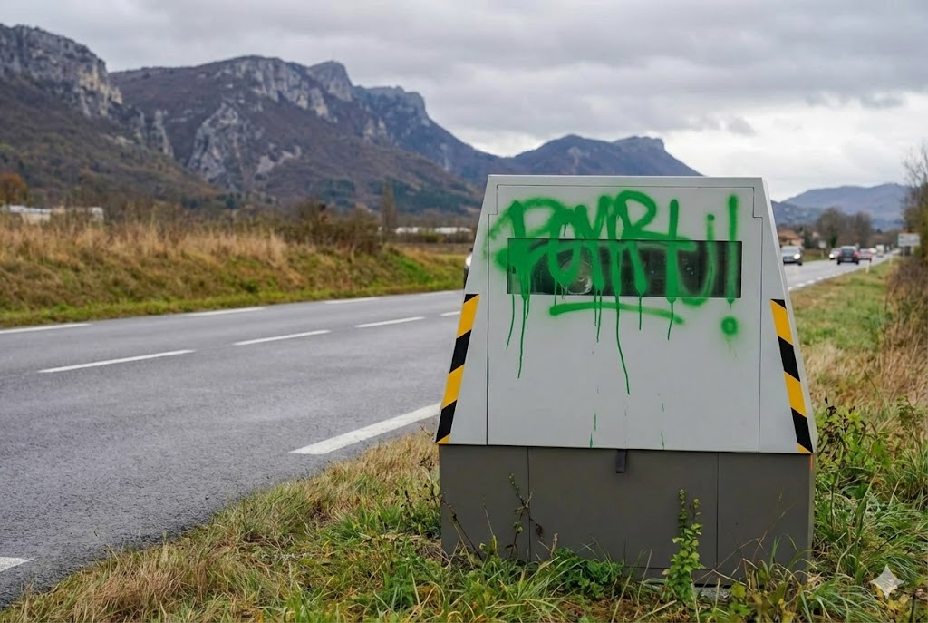 radar de chantier Virignin RD 1504, cabine autonome taguée peinture verte, contrôle vitesse Belley Yenne, vandalisme radar Ain, limitation 80 km/h, gendarmerie nationale, sécurité routière Bugey.