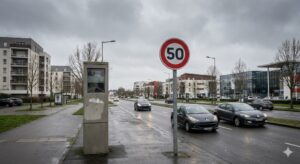 radar fixe sur le boulevard Charles-de-Gaulle à Saint-Herblain, panneau limitation vitesse 50 km/h, pétition en ligne colère des automobilistes, flash crépitement Nantes Métropole, contestation amende excès vitesse, sécurité routière ou pompe à fric, boulevard urbain 2x2 voies.
