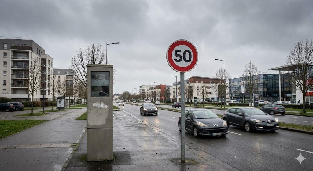 radar fixe sur le boulevard Charles-de-Gaulle à Saint-Herblain, panneau limitation vitesse 50 km/h, pétition en ligne colère des automobilistes, flash crépitement Nantes Métropole, contestation amende excès vitesse, sécurité routière ou pompe à fric, boulevard urbain 2x2 voies.