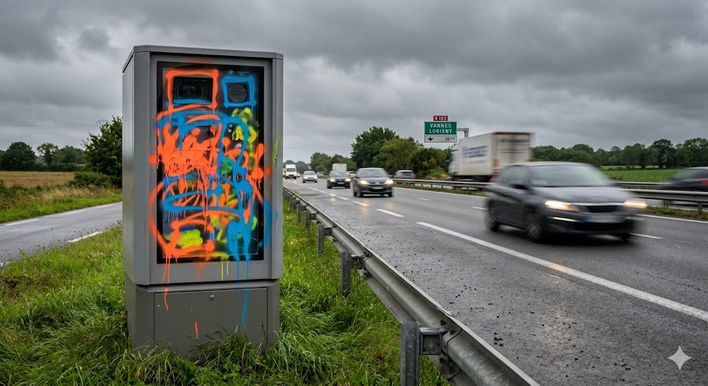 radar neutralisé peinture Vannes, vandalisme radar route nationale 165, Morbihan radar automatique hors service, dégradation bien public Bretagne, cabine radar recouverte de peinture, amende destruction équipement public, sécurité routière Pays de Vannes, excès de vitesse RN 165, gendarmerie enquête vandalisme route, peine prison destruction radar, radar fixe aveuglé peinture, manifestation colère automobilistes radar, infraction code de la route, remplacement cabine radar automatique, contrôle vitesse route nationale, prévention routière Morbihan, radar autonome neutralisé, sécurité circulation automobilistes bretons, action coup de poing radar, sanction pénale dégradation état.