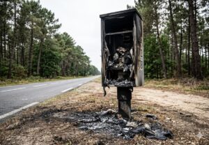 radar incendié Mimizan nuit mars, vandalisme radar automatique Landes, feu équipement sécurité routière, destruction bien public état, gendarmerie enquête incendie volontaire, radar calciné forêt landaise, amende destruction équipement routier, peine prison incendie criminel, remplacement radar brûlé Mimizan, sécurité routière département 40, infraction destruction par le feu, dégradation mobilier urbain, gendarmerie nationale relevé indices, coût remplacement cabine impôts, protection axe routier forestier, colère automobilistes radar vitesse, délit pénal tribunal correctionnel, traces ADN enquête radar, signalement dégradation bien public, carcasse fondue radar automatique.