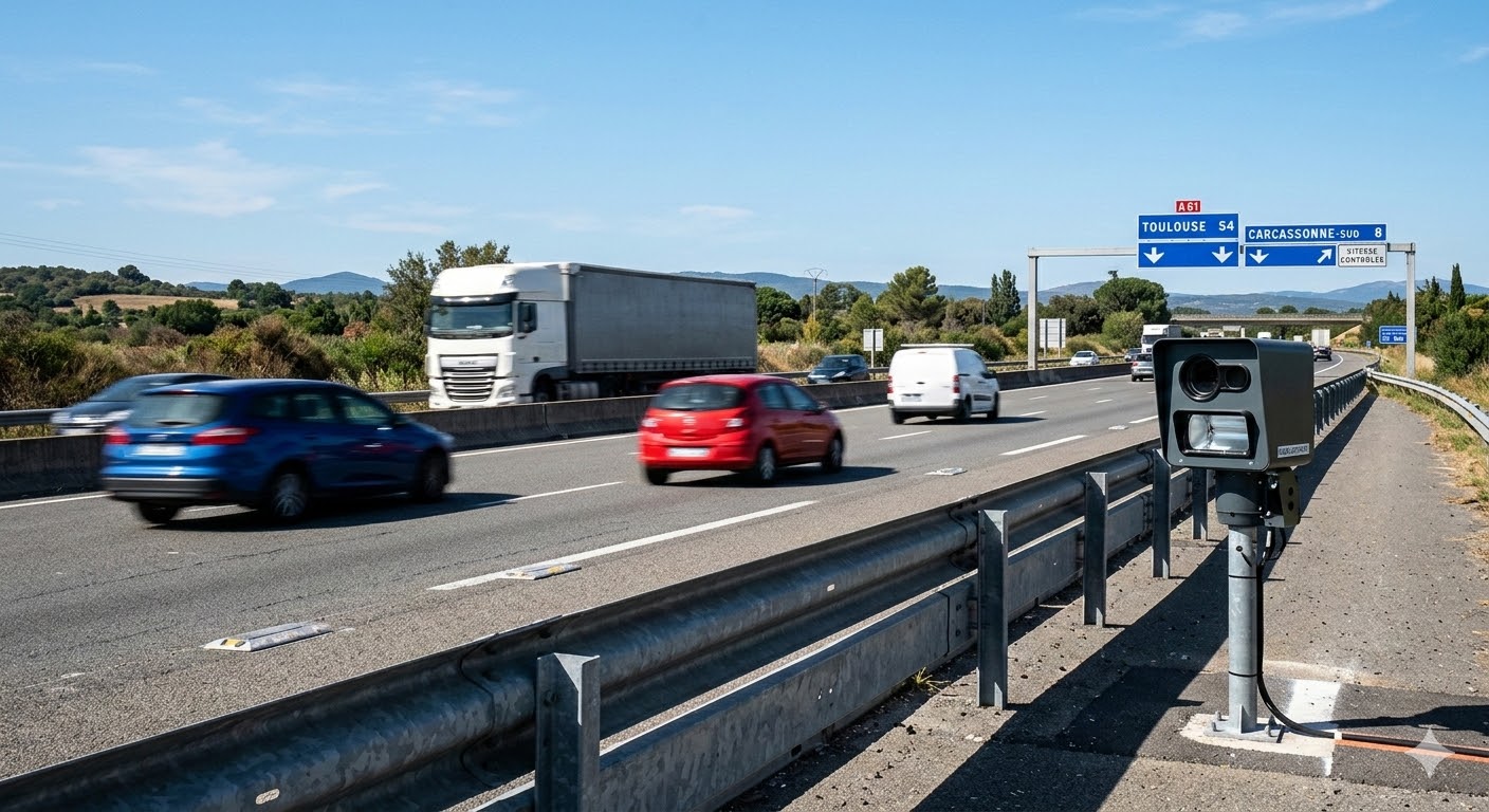 nouveau radar autoroute A61, radar vitesse Toulouse Narbonne, contrôle routier Aude autoroute, amende excès vitesse A61, radar autonome chantier A61, sécurité routière autoroute sud, flash radar automatique Aude, limitation vitesse 130 kmh, gendarmerie peloton autoroutier A61, contravention vitesse autoroute, prévention routière Vinci autoroutes, perte points permis conduire, équipement contrôle vitesse Aude, trafic autoroute des deux mers, ralentir zone de danger, radar tourelle autoroute française, amende forfaitaire excès vitesse, sécurité conducteurs A61, vigilance automobilistes Aude radar, contestation amende radar autoroute.
